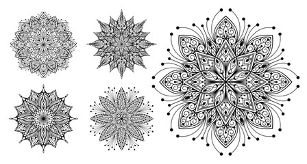 Hand drawn silhouette of mandala with floral ornamental pattern. Decorative coloring page, antistress for adults, ethnic oriental ornament, tattoo. Vector set illustration isolated on white background