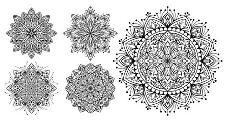 Hand drawn silhouette of mandala with floral ornamental pattern. Decorative coloring page, antistress for adults, ethnic oriental ornament, tattoo. Vector set illustration isolated on white background