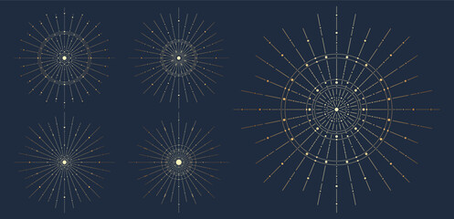 Hand drawn silhouette of gold star, sunburst, planet, light rays. Bohemian symbol bursting sun ray. Magic cosmic talisman, antique style, boho, logo. Vector illustration on blue background