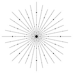 Hand drawn silhouette of star, sunburst, planet, light rays. Bohemian symbol bursting sun ray. Magic cosmic talisman, antique style, boho, logo. Vector illustration isolated on white background