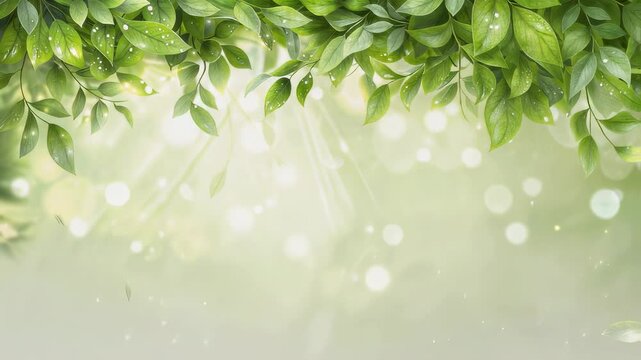 Fresh green leaves frame background stock video. Lush foliage and sunlight for spring season backdrop. Natural leaf border motion picture with copy space for text overlay.