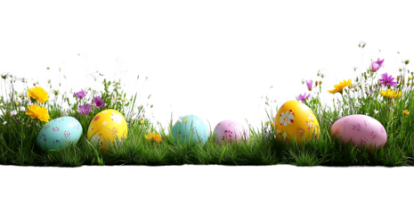 Colorful Easter Eggs in Grass, Decorative Floral Details, Transparent Background