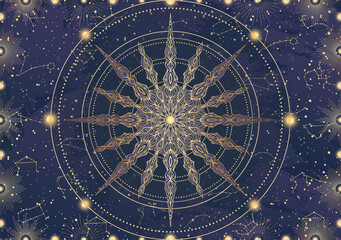 Card of golden star, sunburst, light rays, Sun. Constellation celestial space. Zodiac horoscope symbol, astrology talisman, spiritual sign, mystical icon, emblem. Magic galaxy vector illustration