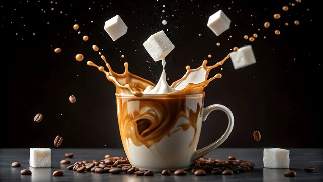 Creamy coffee indulgence: sugar cubes splashing into a frothy latte, creating a delightful caffeinated moment captured in dynamic dark lighting.