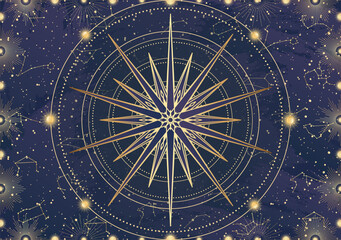 Card of golden star, sunburst, light rays, Sun. Constellation celestial space. Zodiac horoscope symbol, astrology talisman, spiritual sign, mystical icon, emblem. Magic galaxy vector illustration