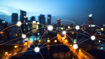 Networking technology event in urban cityscape during twilight focused on connectivity and innovation