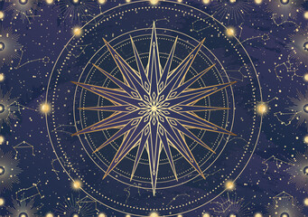 Card of golden star, sunburst, light rays, Sun. Constellation celestial space. Zodiac horoscope symbol, astrology talisman, spiritual sign, mystical icon, emblem. Magic galaxy vector illustration