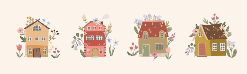 Hand-drawn vector illustration of cozy houses with flowers, blending cottagecore charm and homey details in a soft, whimsical style.
