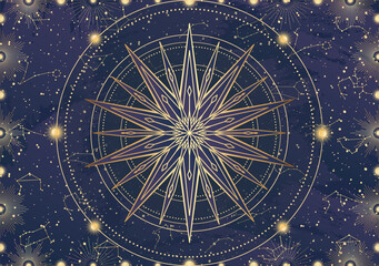 Card of golden star, sunburst, light rays, Sun. Constellation celestial space. Zodiac horoscope symbol, astrology talisman, spiritual sign, mystical icon, emblem. Magic galaxy vector illustration