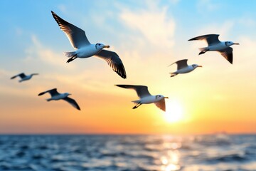 Fototapeta premium Seagulls in Flight at Sunset Over Calm Ocean
