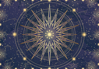 Card of golden star, sunburst, light rays, Sun. Constellation celestial space. Zodiac horoscope symbol, astrology talisman, spiritual sign, mystical icon, emblem. Magic galaxy vector illustration