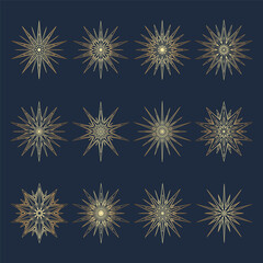 Hand drawn silhouette of golden star, sunburst, light rays. Bohemian gold gradient symbol bursting sun ray. Magic ornate talisman, antique style, boho, logo. Vector set illustration on blue background