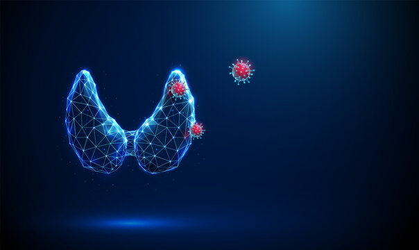 Blue human thyroid gland with red viruses flying around. Thyroid disease, viral infection impact, medical diagnosis, treatment, healthcare protection concept.