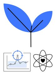 Blue sprouting leaf, data graph with analysis target, atomic structure with heart. Ideal for eco-innovation, clean energy, scientific research, green technology, biology, data science abstract line