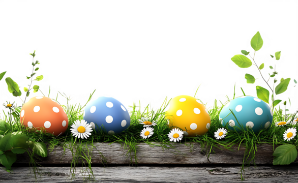 Colorful Polka Dot Eggs on Wooden Plank with Grass and Daisies, Transparent Background