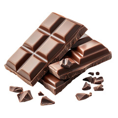 3D illustration of a chocolate bar featuring smooth, square pieces. The design emphasizes a rich, indulgent treat with a glossy surface