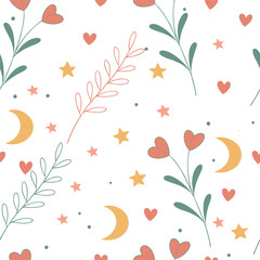 Seamless Boho Floral & Celestial Pattern Mystical Moon & Starry Botanical Design