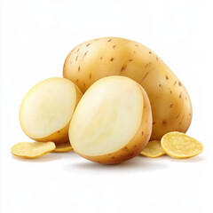 cut potato and potato chips on solid white background 