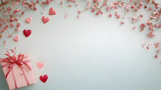 Background with gift and hearts with free space for text on pastel background. Valentines day concept. Mother's Day concept.