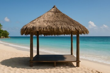 Tropical beach hut by the serene blue ocean.