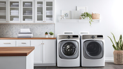 A white kitchen with a wood counter and two white dryers
