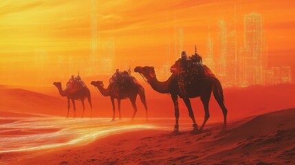 Three camels traversing a desert landscape with a futuristic city skyline