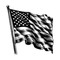 America flag waving engraving sketch engraving black and white outline. Scratch board imitation.  illustrated in vintage line art style on a white background.