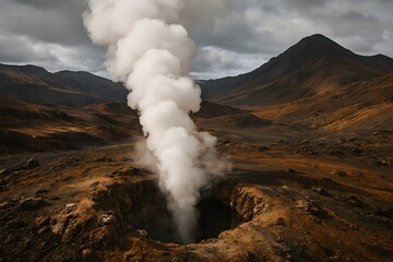 Volcanic eruption with smoke rising from a crater in a barren landscape.