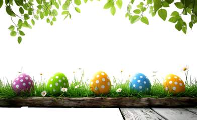 Easter Polka Dot Eggs On Wood With Greenery & Transparent Background Holiday Season