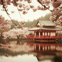 Fototapeta premium japanese temple in japan,Sakura holiday destination,ai generated 