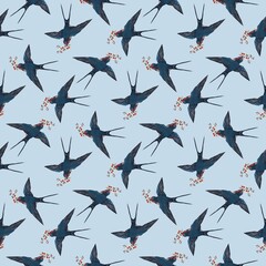 A seamless pattern featuring elegant swallows in flight, each carrying a delicate red rose with green leaves in their beaks. The birds are illustrated in deep blue hues, creating a vintage and romanti