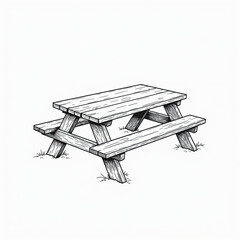 Beautiful wooden picnic table rests in a serene grassy landscape
