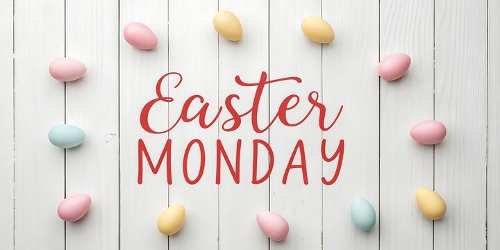 A cheerful Easter Monday celebration depicted with pastel eggs arranged on a white wooden background in a festive circle. - Powered by Adobe
