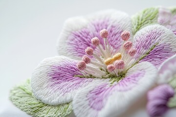 Intricate hand embroidery showcasing a delicate pink and white flower with detailed stamens.