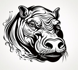 Decorative tattoo pattern of a hippo head with ears. Black and white tattoo arts.