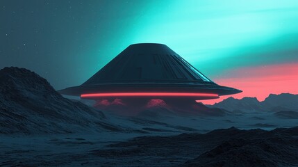 A futuristic, glowing spaceship hovers above an alien landscape, with dramatic colors illuminating the sky and creating an otherworldly atmosphere.