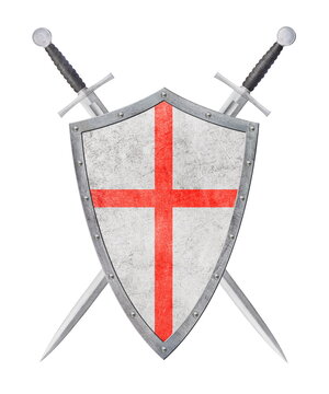 metal shield with red cross and two swords isolated on white