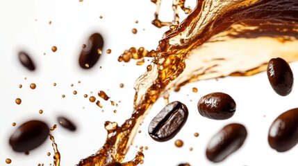 Liquid Awakening: coffee beans in a dynamic, high-speed capture, celebrating the energizing ritual of coffee.