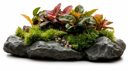 Decorative rock garden arrangement with colorful foliage and lush moss