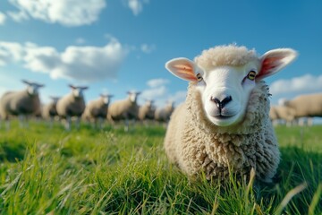 Fototapeta premium Portrait of a cute sheep on a pasture with a flock in the background. presence of both livestock and meadows represents harmonious relationship between happy sheep, lush fields