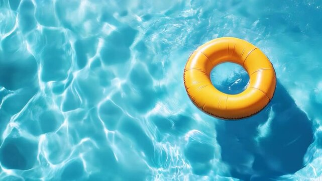 A bright yellow inflatable swim ring floats peacefully on the surface of a clear, sunlit swimming pool