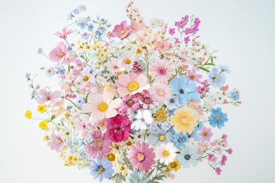 A vibrant bouquet of pastel-colored pressed flowers, showcasing delicate petals and diverse blooms.