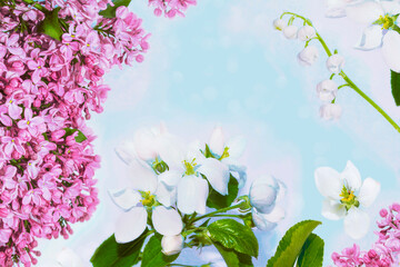 Blossoming branch apple, lily of the valley, lilac. Bright colorful spring flowers.