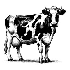 Dairy cow sketch engraving black and white outline. Scratch board imitation.  illustrated in vintage line art style on a white background.