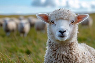 Fototapeta premium Portrait of a cute sheep on a pasture with a flock in the background. presence of both livestock and meadows represents harmonious relationship between happy sheep, lush fields