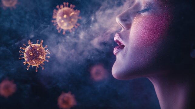 A surreal image of a woman exhaling in a dreamy atmosphere with floating virus particles, depicting a metaphor for health and the ongoing challenges in today's world of pandemics.