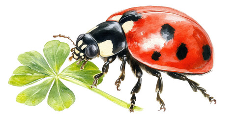 Realistic watercolor illustration of a ladybug on a clover leaf, showcasing vibrant colors and intricate details of nature's tiny wonders