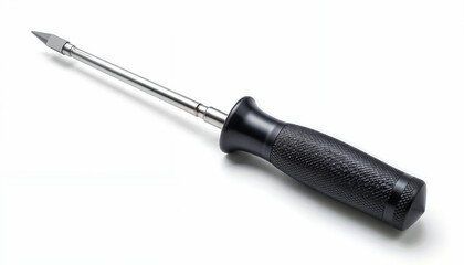 Close-up of a precision screwdriver with a black textured grip and a sleek metal shaft, isolated on a white background
