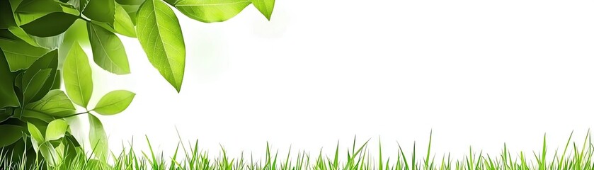 Fototapeta premium Lush green leaves & grass border; nature background; website, card design