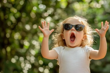 Excited little girl wearing sunglasses in a green park.
